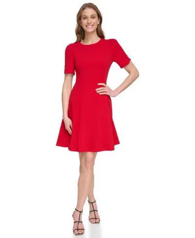 Dkny Women's Short Sleeve Fit And Flare Dress In Red