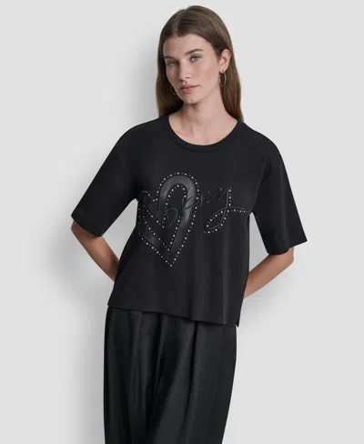 Dkny Women's Short-sleeve Heart Script Logo Crew Neck Shirt In Black