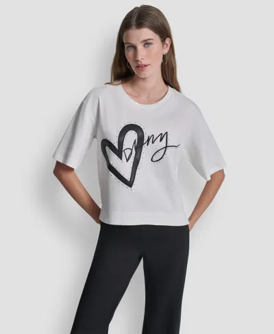 Dkny Women's Short-sleeve Heart Script Logo Crew Neck Shirt In White