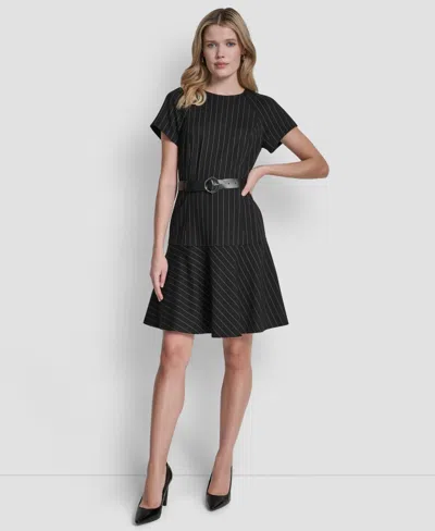 Dkny Women's Short Sleeve Jewel Neck Flounce Hem Dress In Black