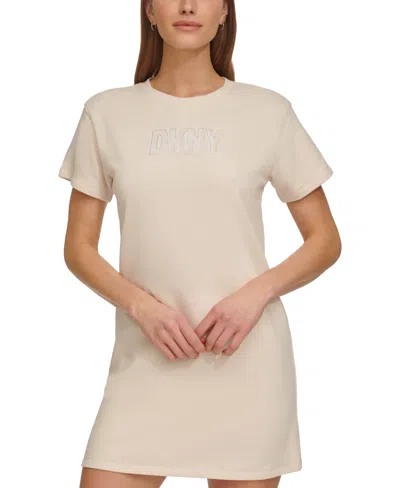 Dkny Women's Short-sleeve Long Logo T-shirt Dress In Sand