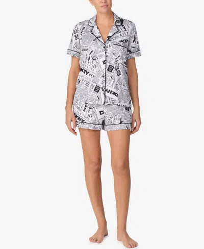 Dkny Women's Short-sleeve Notch Collar Top & Boxers, 2-piece Set In Gray