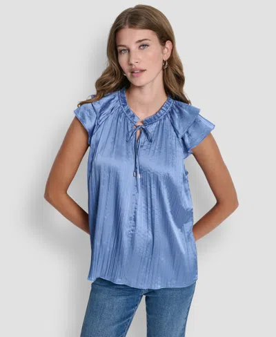 Dkny Women's Short-sleeve Pleated Tie Front Blouse In Blue