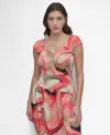 Dkny Women's Short Sleeve Printed Satin Dress In Brushed Marblews