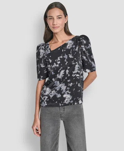 Dkny Asymmetrical Short Sleeve Top In Black