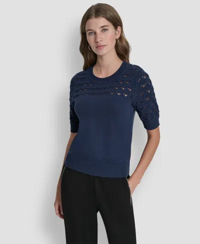 Dkny Women's Short-sleeve Ribbed Hem Sweater In Blue
