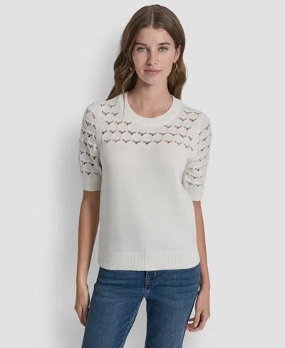 Dkny Women's Short-sleeve Ribbed Hem Sweater In White