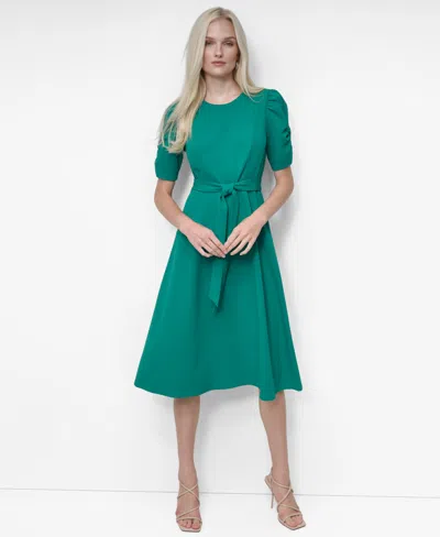 Dkny Women's Short Sleeve Scuba Crepe Belted Fit And Flare Midi Dress In Green