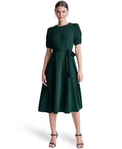 Dkny Women's Short Sleeve Scuba Crepe Belted Fit And Flare Midi Dress In Green