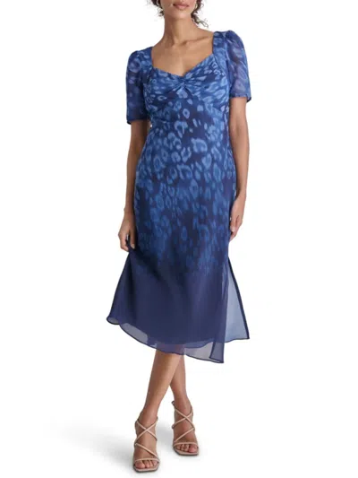 Dkny Women's Short Sleeve Sweetheart Neck Chiffon Midi-dress In Blue