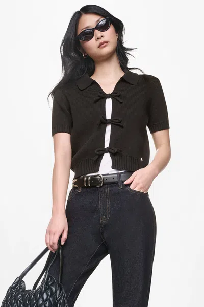 Dkny Women's Short Sleeve Tie Front Polo Sweater In Black