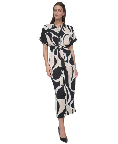 Dkny Women's Short-sleeve Tie-waist Button-front Dress In Moonlight Multi