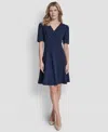 Dkny Women's Short Sleeve V-neck Fit And Flare Scuba Crepe Dress In Blue