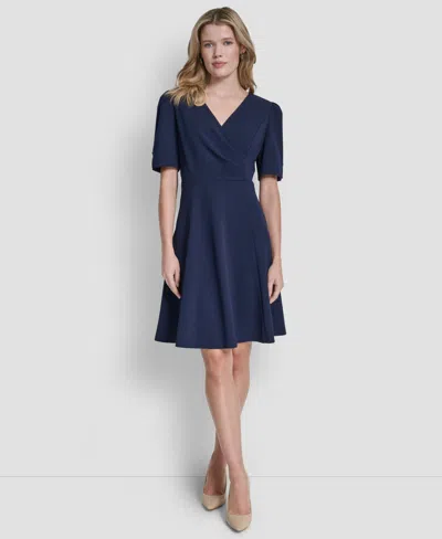 Dkny Women's Short Sleeve V-neck Fit And Flare Scuba Crepe Dress In Blue