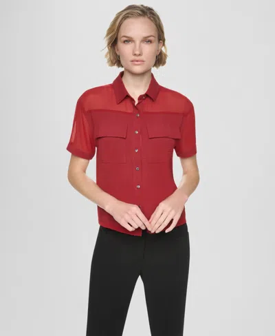 Dkny Women's Short-sleeve Buttoned Collared Camp Shirt In Red