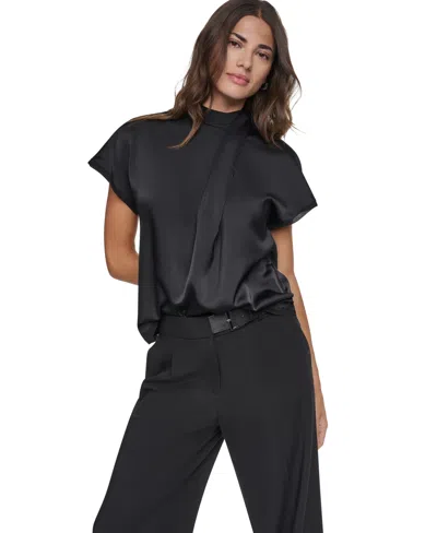 Dkny Women's Short-sleeve Mock-neck Satin Blouse In Black