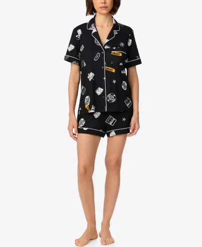 Dkny Women's Short-sleeve Notch-collar Top And Shorts Set In Black
