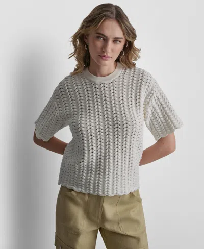 Dkny Open Lattice Stitch Short Sleeve Sweater In Gray