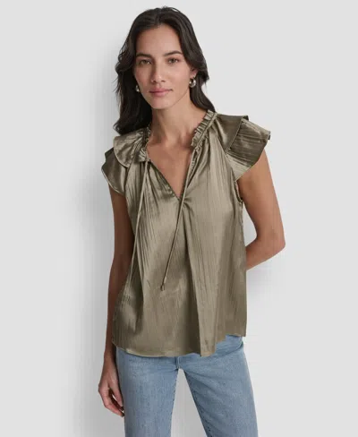 Dkny Women's Short-sleeve Pleated Tie Front Blouse In Light Fatigue