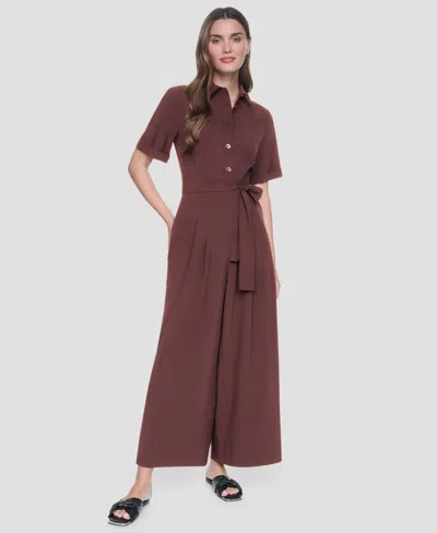 Dkny Women's Short-sleeve Wide-leg Jumpsuit In Brown