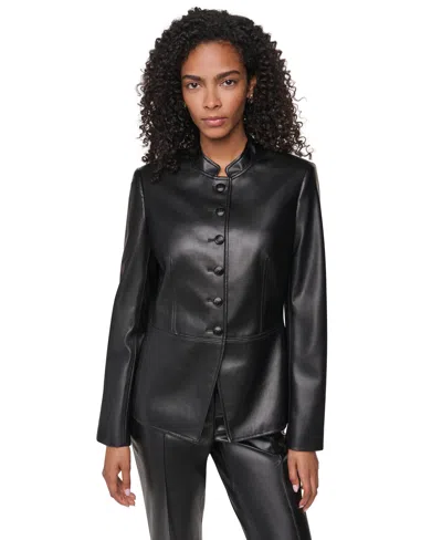 Dkny Women's Shoulder-padded Long-sleeve Faux Leather Jacket In Black