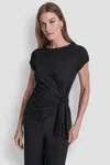 Dkny Women's Short Sleeve Rib Knit Waist Tie Detail Top In Black