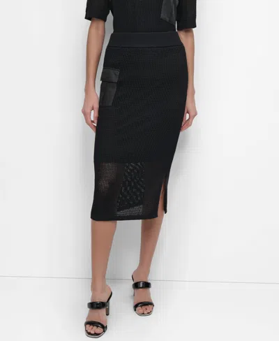 Dkny Women's Side-pocket Crochet Midi Sweater Skirt In Black