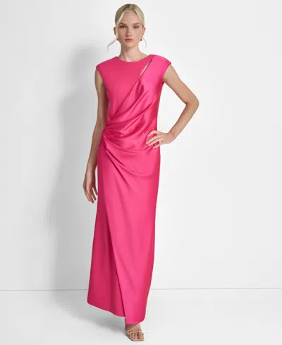 Dkny Women's Side-ruched Cut-out Cap-sleeve Gown In Pink Peacock