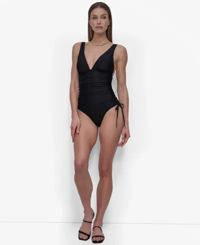 Dkny Women's Side Tie Plunge Removable Cups One-piece Swimsuit In Black