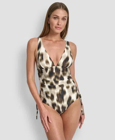 Dkny Women's Side Tie Plunge Removable Cups One-piece Swimsuit In Multi