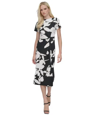 Dkny Women's Side-twist Short-sleeve Midi Dress In Black,ivory Multi