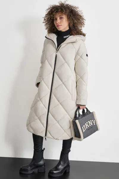 Dkny Women's Silky Long Quilted Parka In White