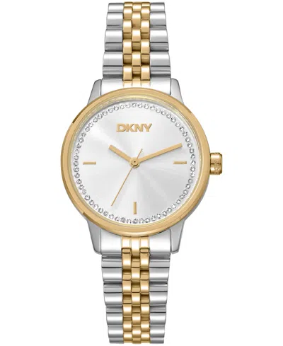 Dkny Women's Silver Crystal Accented Dial Two-tone Gold Stainless Steel Bracelet Watch, 30mm In Purple