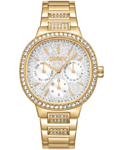 Dkny Women's Silver Crystal Covered Dial And Bezel Gold-tone Stainless Steel Bracelet Multifunctional Wat In Metallic