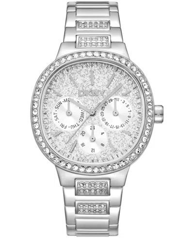 Dkny Women's Silver Crystal Covered Dial Crystal Bezel Stainless Steel Bracelet Multifunctional Watch, 36