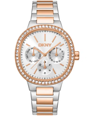 Dkny Women's Silver Dial Crystal Bezel Two-tone Red Gold Stainless Steel Bracelet Multifunctional Watch,  In Orange