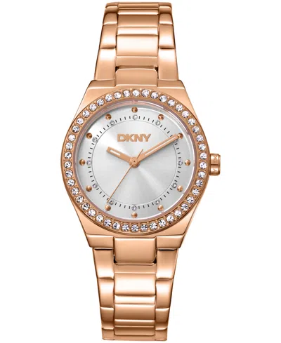 Dkny Women's Silver Dial Crystal Dial Markers Crystal Bezel Rose-gold Tone Stainless Steel Bracelet Watch In Orange