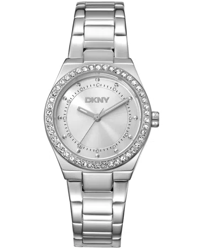 Dkny Women's Silver Dial Crystal Dial Markers Crystal Bezel Stainless Steel Bracelet Watch, 30mm In Pink