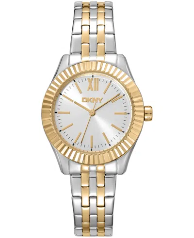 Dkny Women's Silver Dial Fluted Bezel Two-tone Gold Stainless Steel Bracelet Watch, 30mm