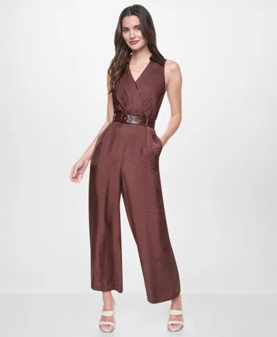 Dkny Women's Sleeveless Belted Jumpsuit In Burgundy