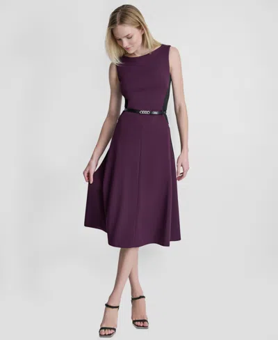 Dkny Women's Sleeveless Boat Neck Belted Midi Dress In Purple