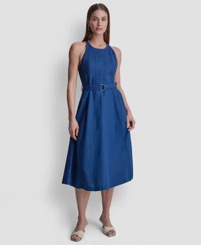 Dkny Belted Linen-blend Dress In Blue