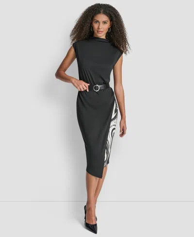 Dkny Women's Sleeveless Funnel Neck Sheath Midi Dress In Black