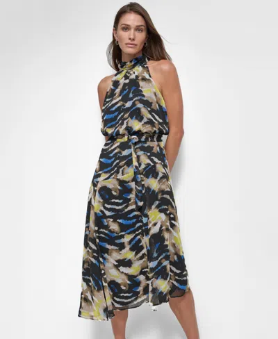 Dkny Mock Neck Chiffon Midi Dress In Abstract Tiger