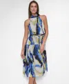 Dkny Mock Neck Chiffon Midi Dress In Vertical Wave