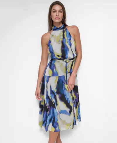 Dkny Mock Neck Chiffon Midi Dress In Vertical Wave