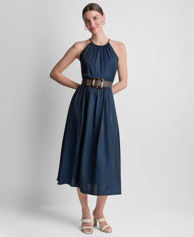 Dkny Belted Linen-blend Dress In Blue