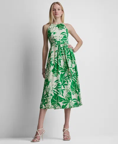Dkny Women's Sleeveless Halter Neck Belted Fit And Flare Maxi Dress In Green