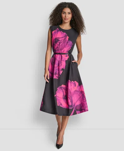 Dkny Women's Sleeveless Jewel Neck Fit And Flare Midi Dress In Pink