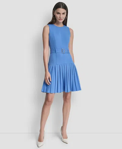 Dkny Women's Sleeveless Jewel Neck Pleated Drop Waist Mini Dress In Blue